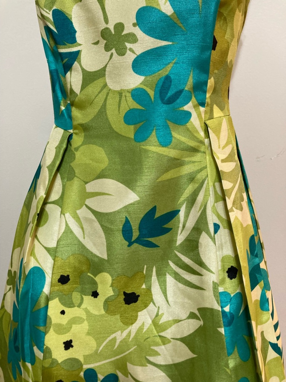 Green Floral A-Line Dress with Teal Accents. Item# TSd21 - Picture 2 of 7